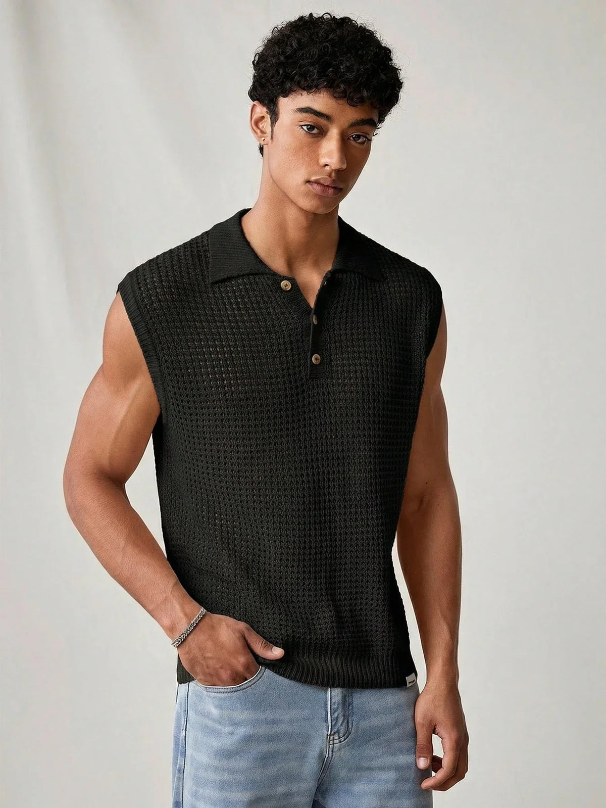 Men's Sleeveless Knit Polo Shirt Pointelle Hollow Out Black