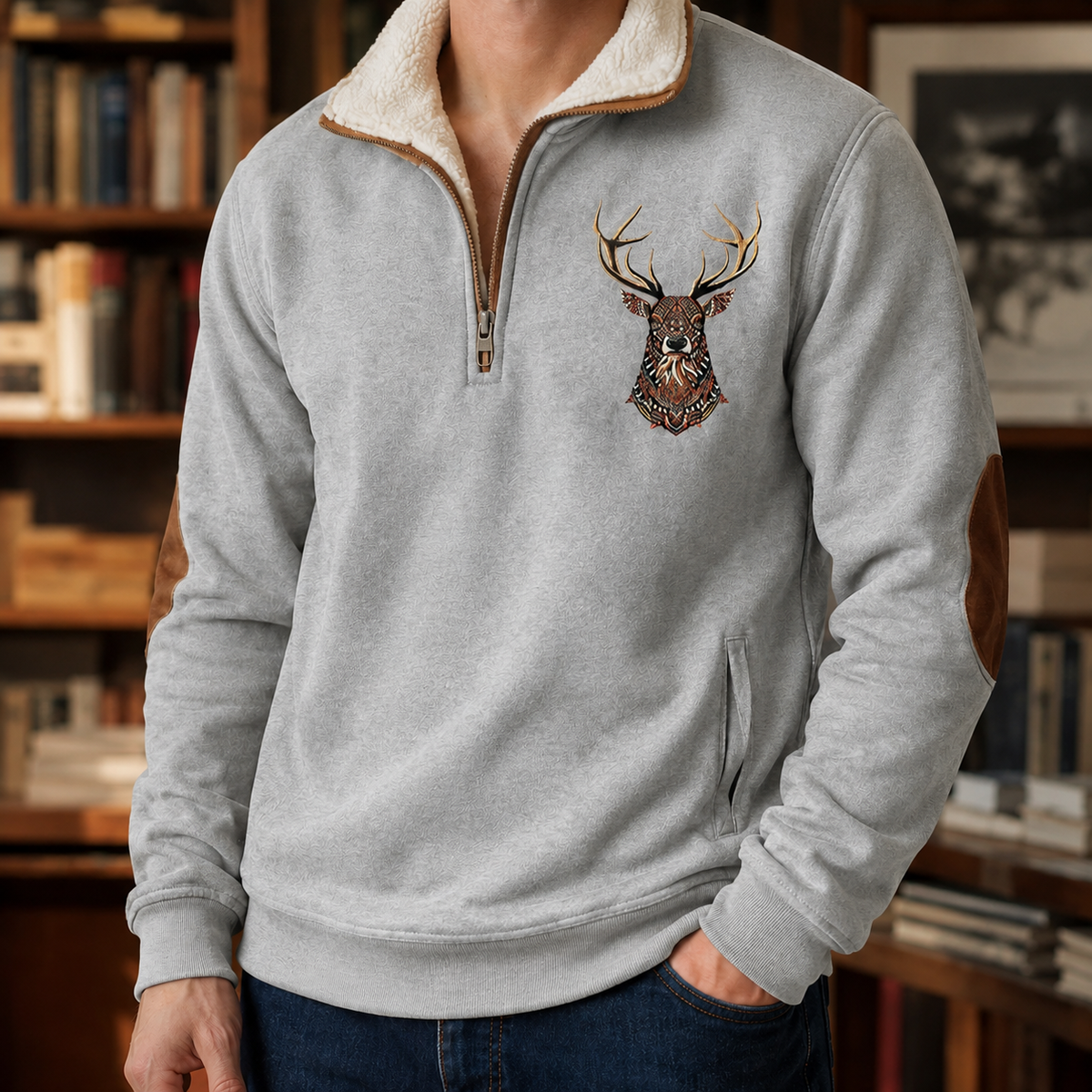 Quarter Zip Knit Sweater With Deer Motif