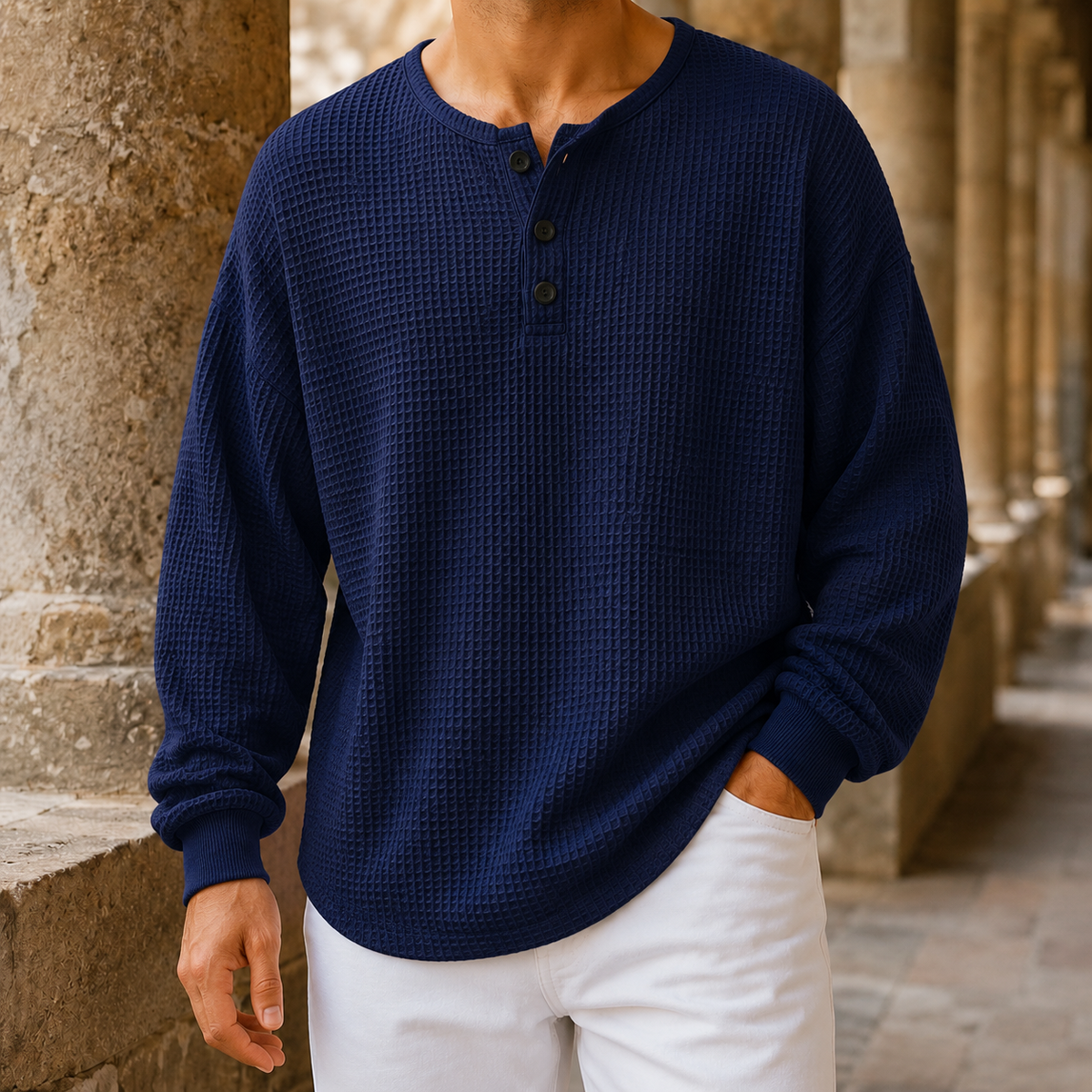Waffle Knit Henley Sweater Relaxed Fit