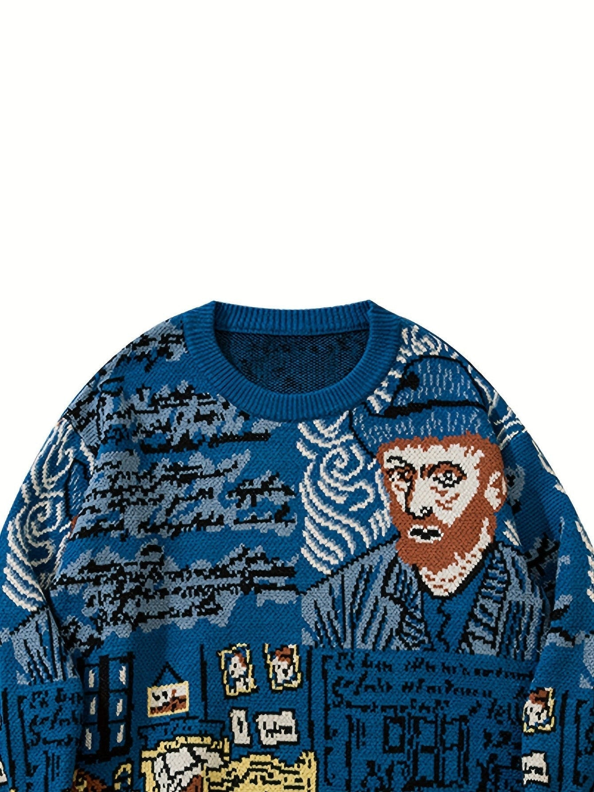 Jacquard Portrait Motif Crewneck Pullover