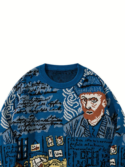 Jacquard Portrait Motif Crewneck Pullover