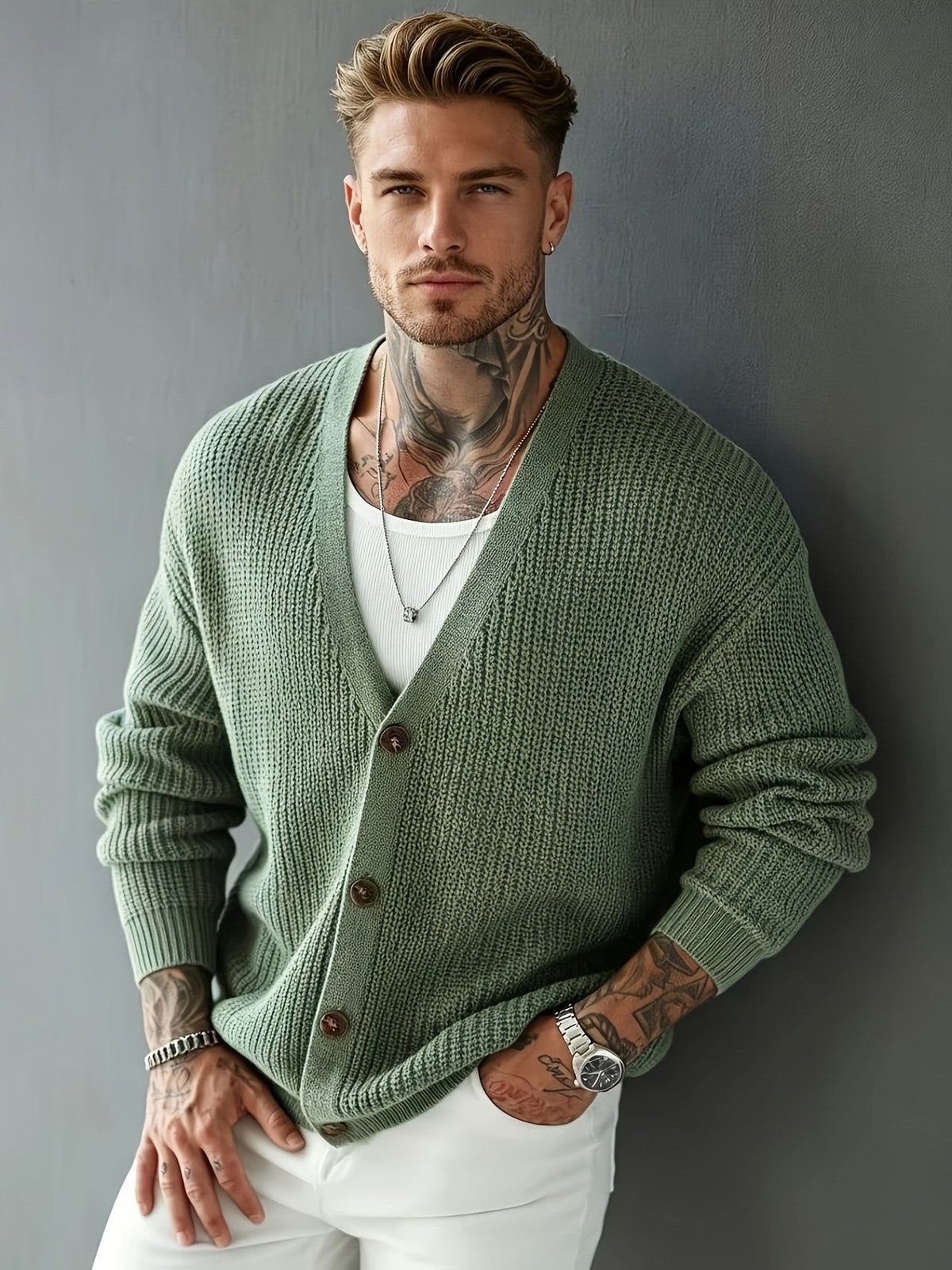 Chunky Ribbed V Neck Button Cardigan