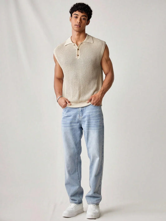 Men's Sleeveless Knit Polo Shirt Pointelle Hollow Out Black
