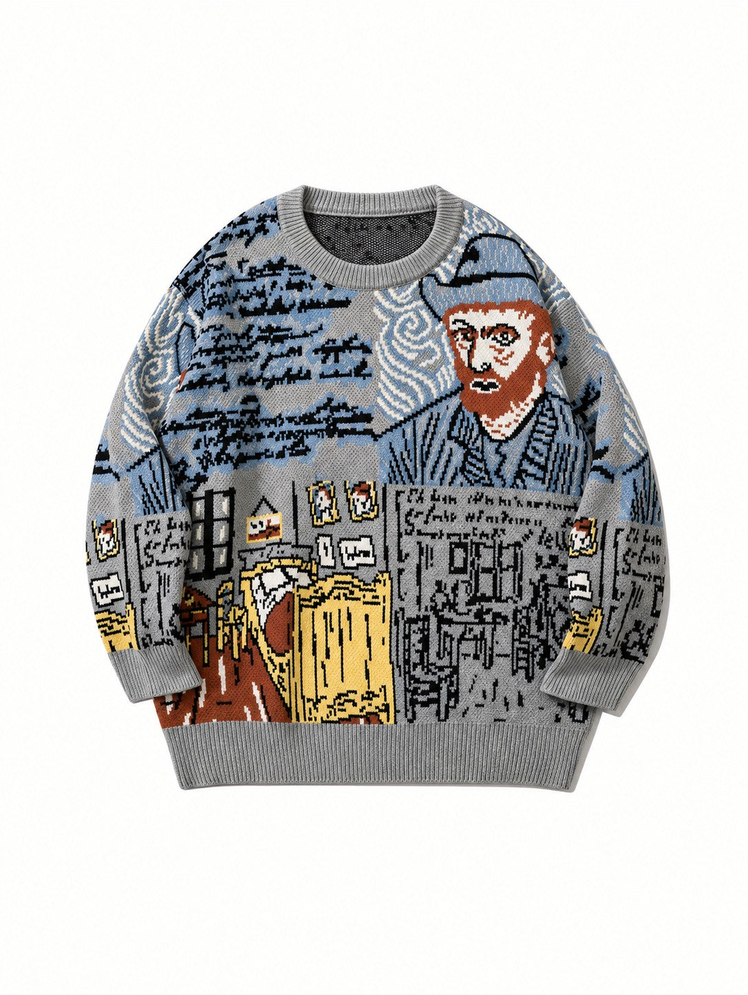 Jacquard Portrait Motif Crewneck Pullover