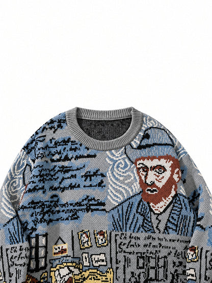 Jacquard Portrait Motif Crewneck Pullover