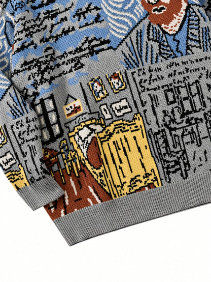 Jacquard Portrait Motif Crewneck Pullover