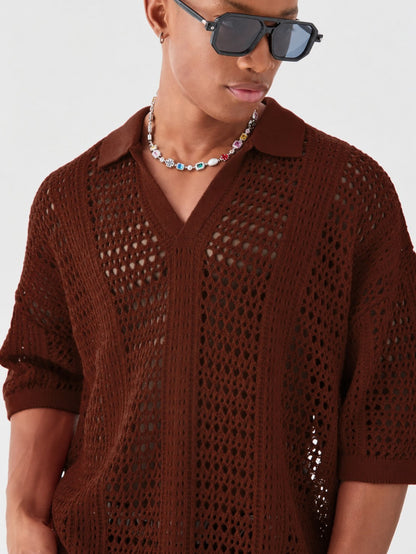 Open-Knit Lattice Polo Shirt