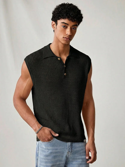 Men's Sleeveless Knit Polo Shirt Pointelle Hollow Out Black