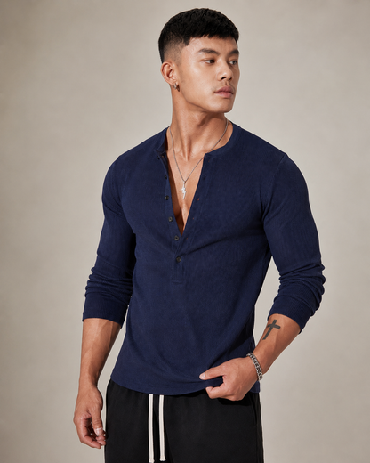 Ribbed Knit Long-Sleeve Half-Button Sweater