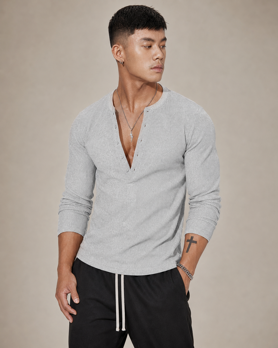 Ribbed Knit Long-Sleeve Half-Button Sweater