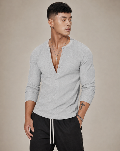 Ribbed Knit Long-Sleeve Half-Button Sweater