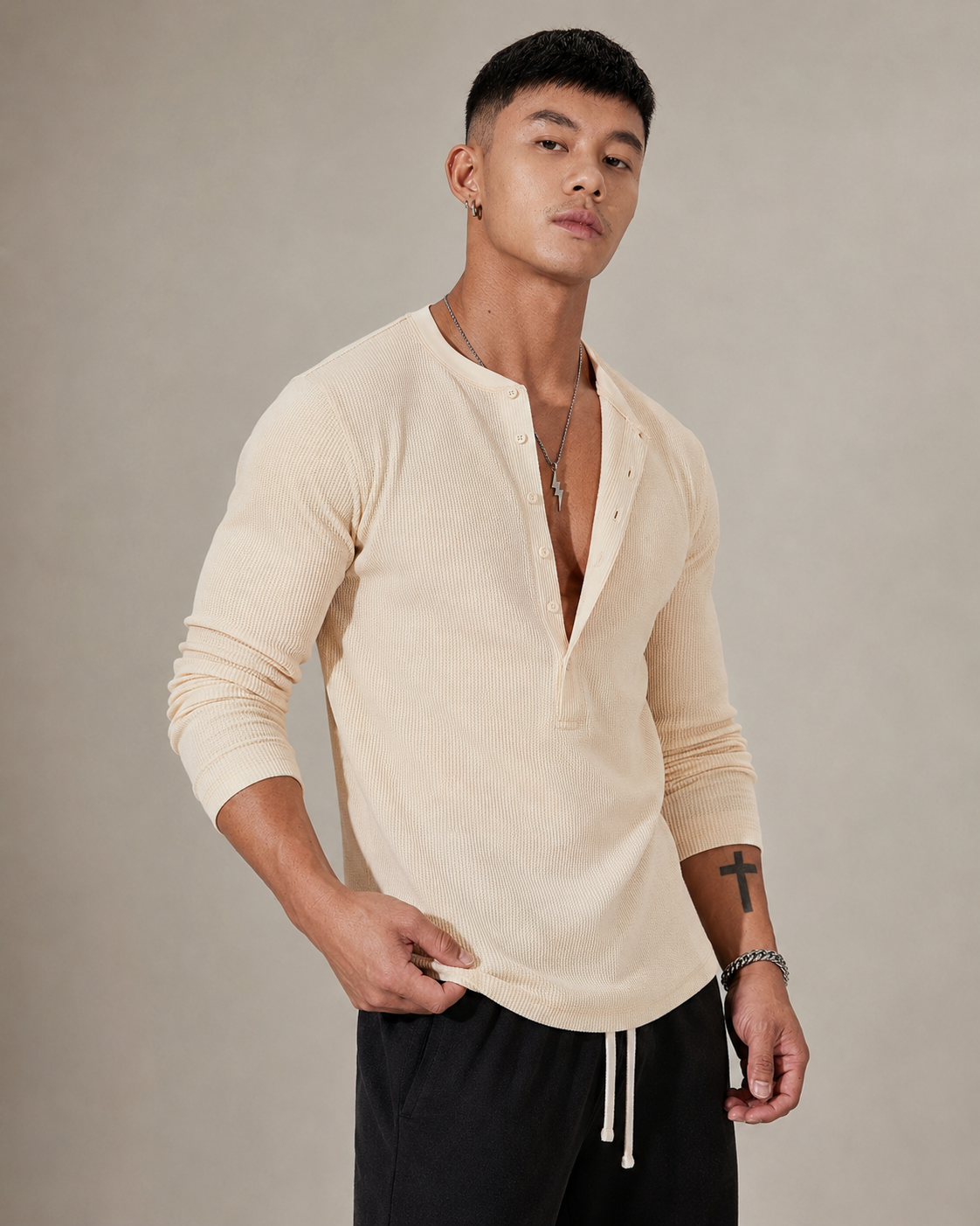 Ribbed Knit Long-Sleeve Half-Button Sweater