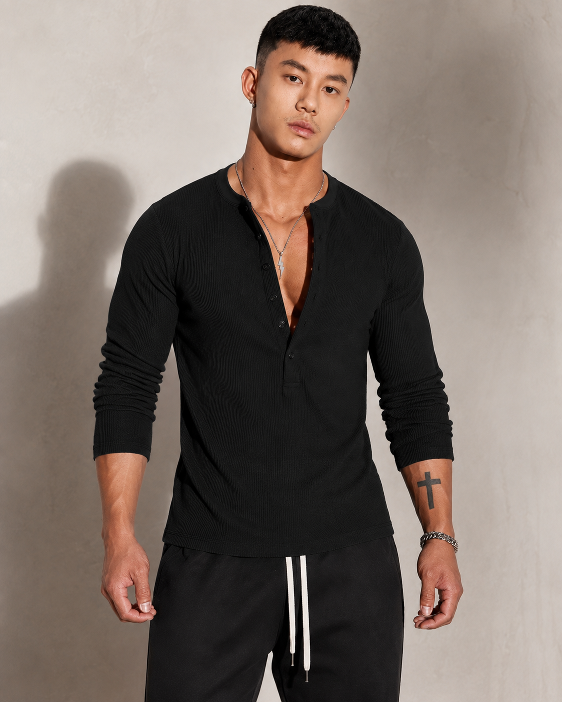 Ribbed Knit Long-Sleeve Half-Button Sweater