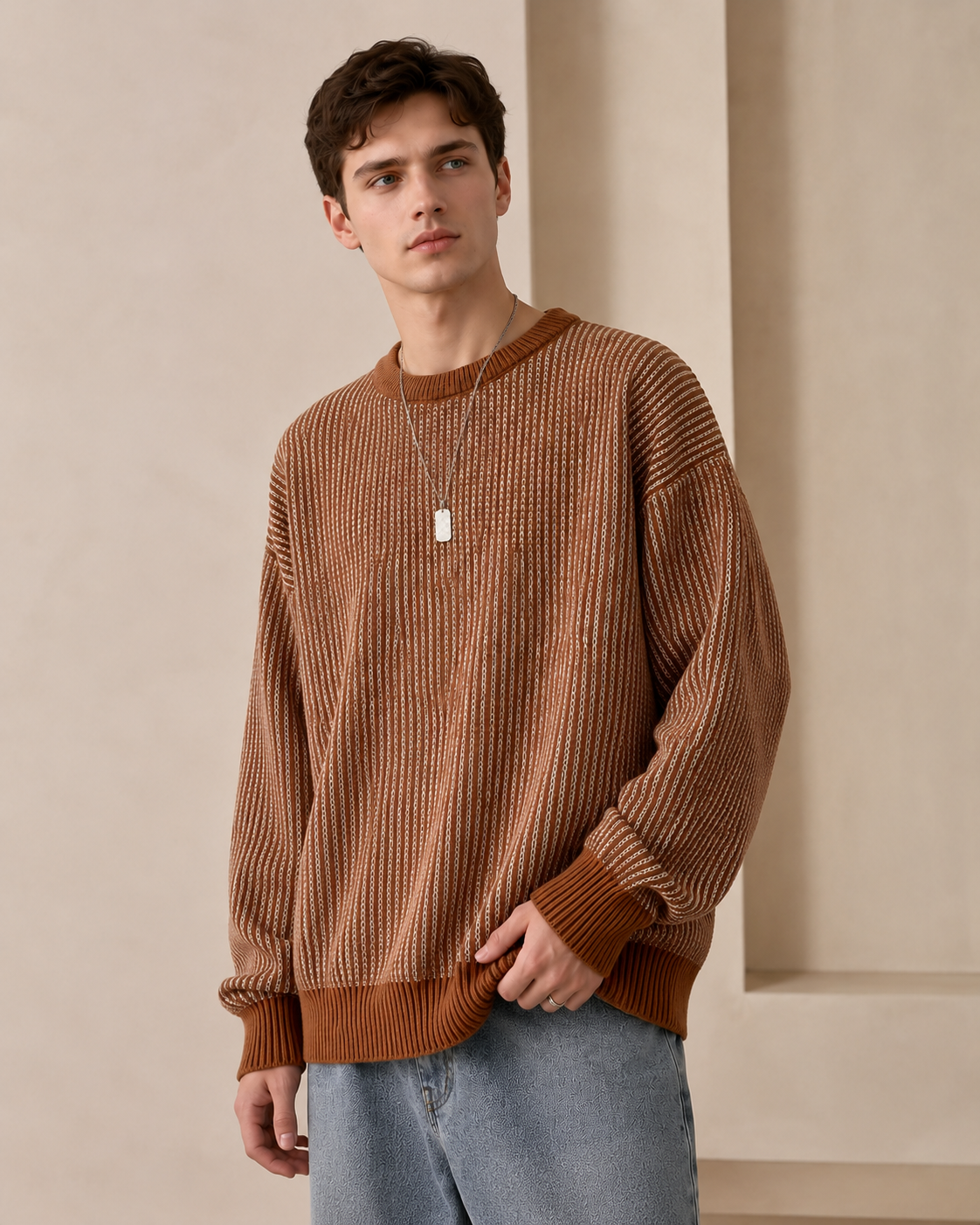 Textured Stripe Crewneck Sweater