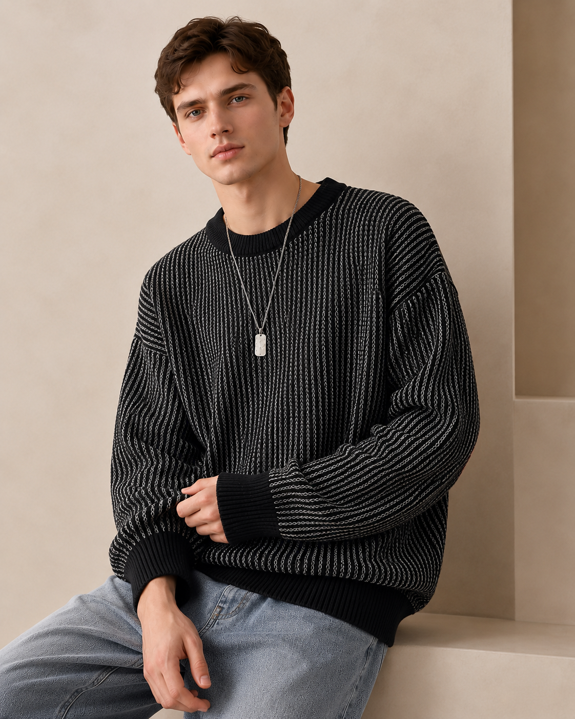 Textured Stripe Crewneck Sweater