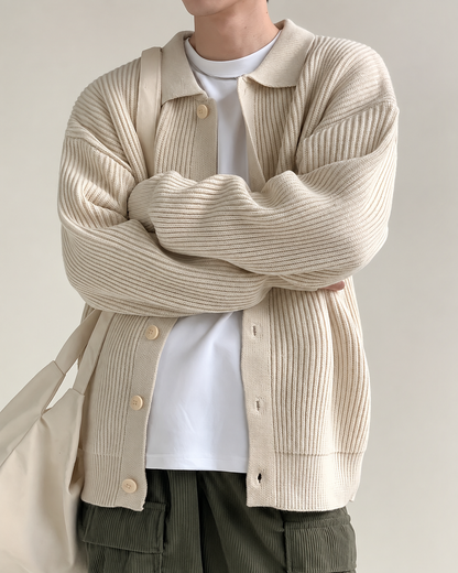 Ribbed Collar Button Front Cardigan