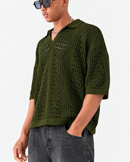 Open-Knit Lattice Polo Shirt