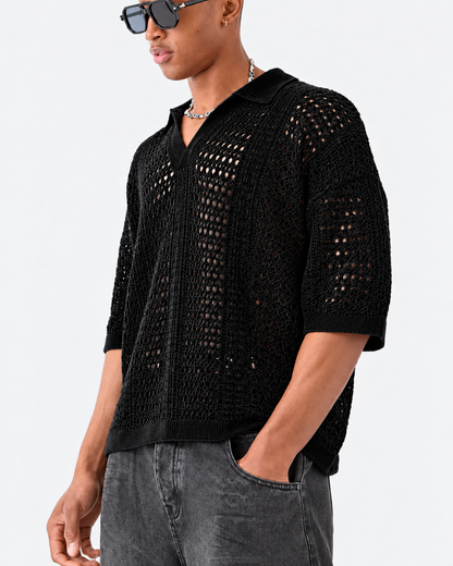 Open-Knit Lattice Polo Shirt