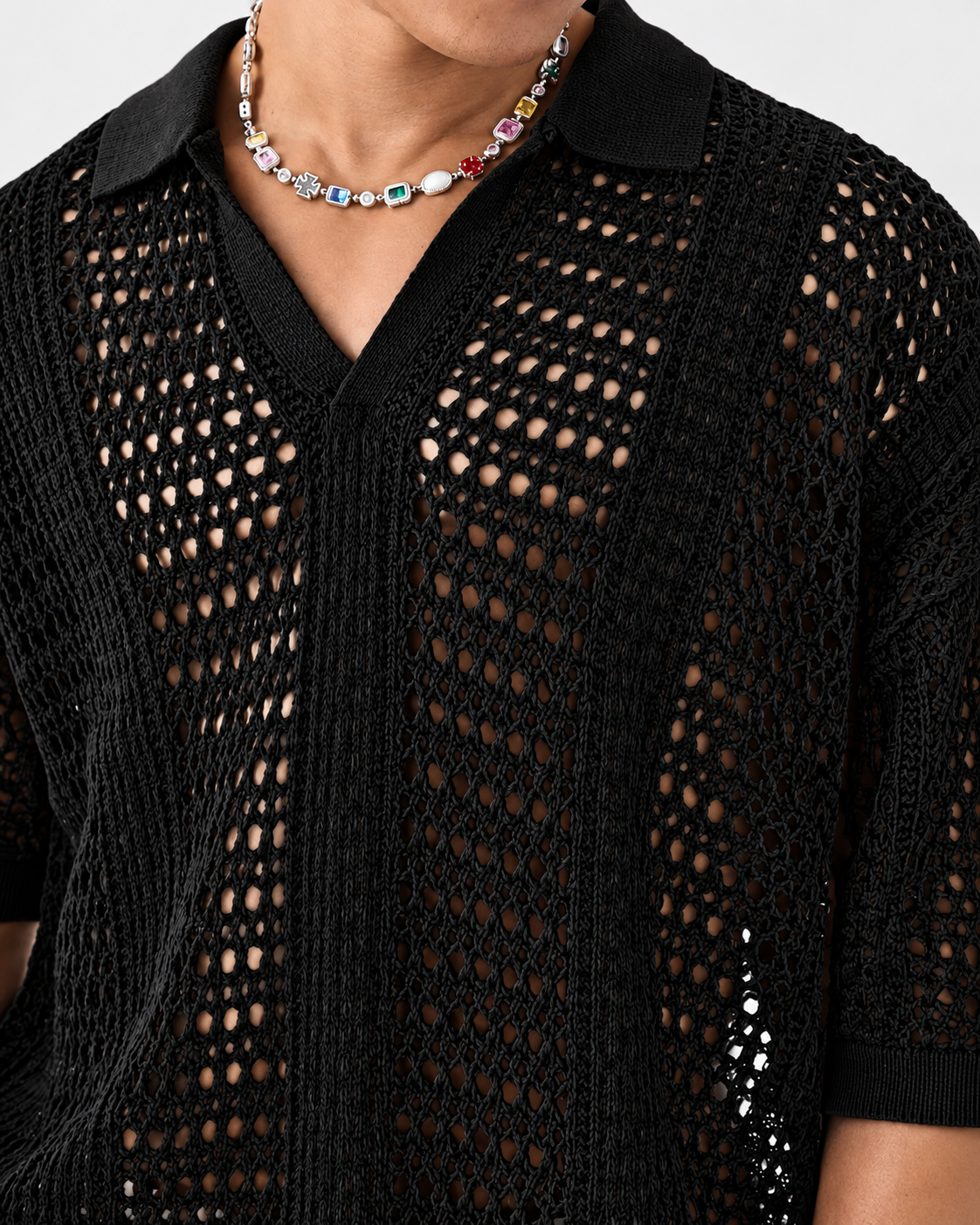 Open-Knit Lattice Polo Shirt