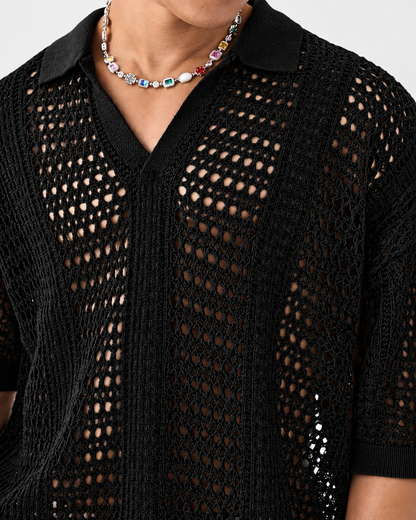 Open-Knit Lattice Polo Shirt