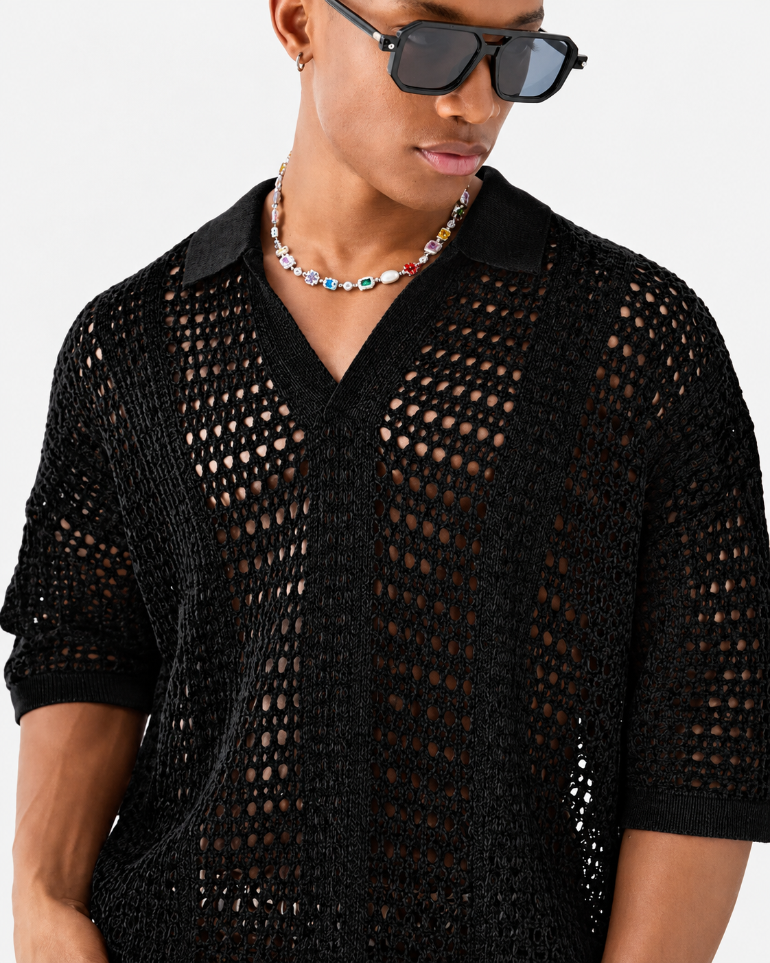 Open-Knit Lattice Polo Shirt