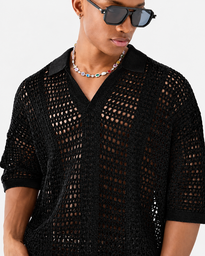 Open-Knit Lattice Polo Shirt