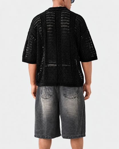 Open-Knit Lattice Polo Shirt