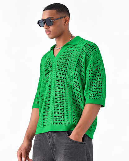 Open-Knit Lattice Polo Shirt