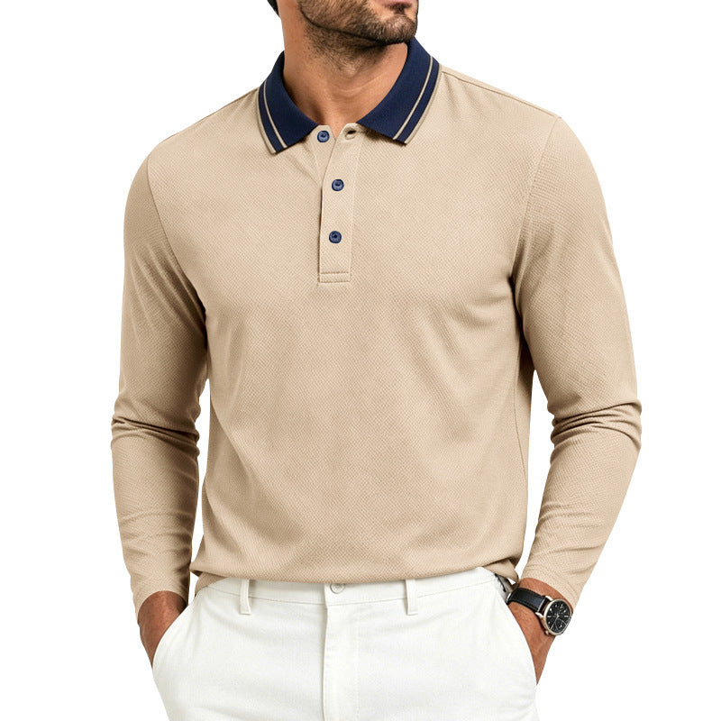 Men's Long-Sleeve Pique Polo Shirt Contrast Collar