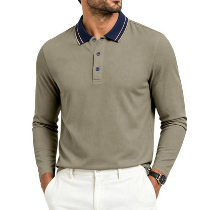 Men's Long-Sleeve Pique Polo Shirt Contrast Collar