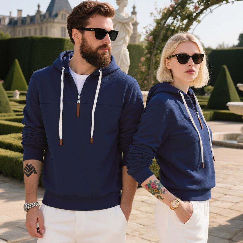 Men's Soft Fleece Half Zip Hoodie With Leather Zipper