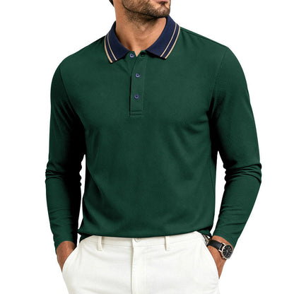 Men's Long-Sleeve Pique Polo Shirt Contrast Collar