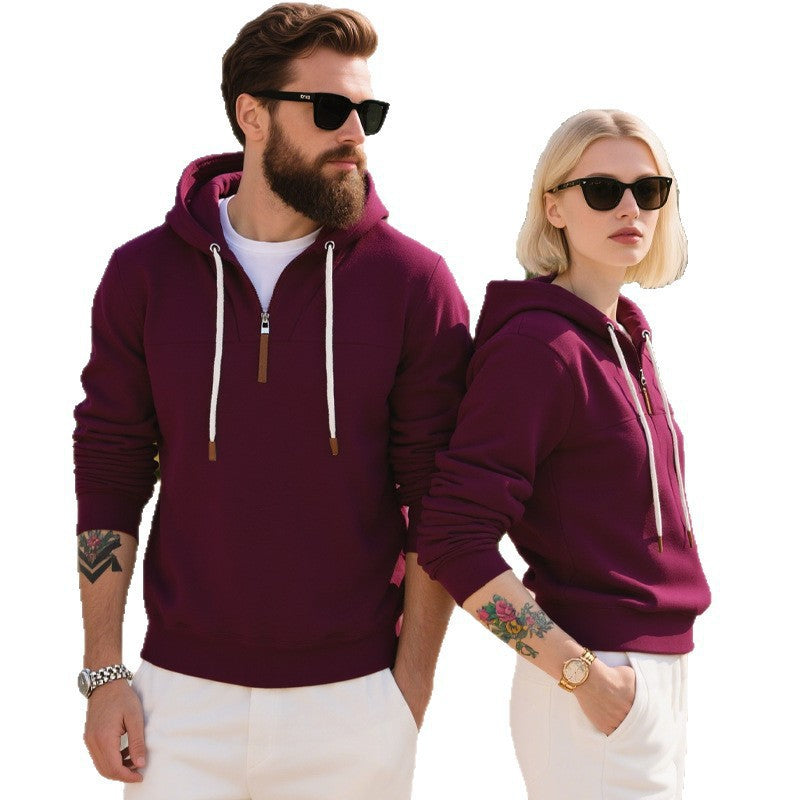 Men's Soft Fleece Half Zip Hoodie With Leather Zipper