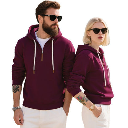 Men's Soft Fleece Half Zip Hoodie With Leather Zipper