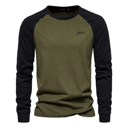 Gio Rota Men’s Long Sleeve Patchwork T-Shirt – Cotton O-Neck Casual Tee