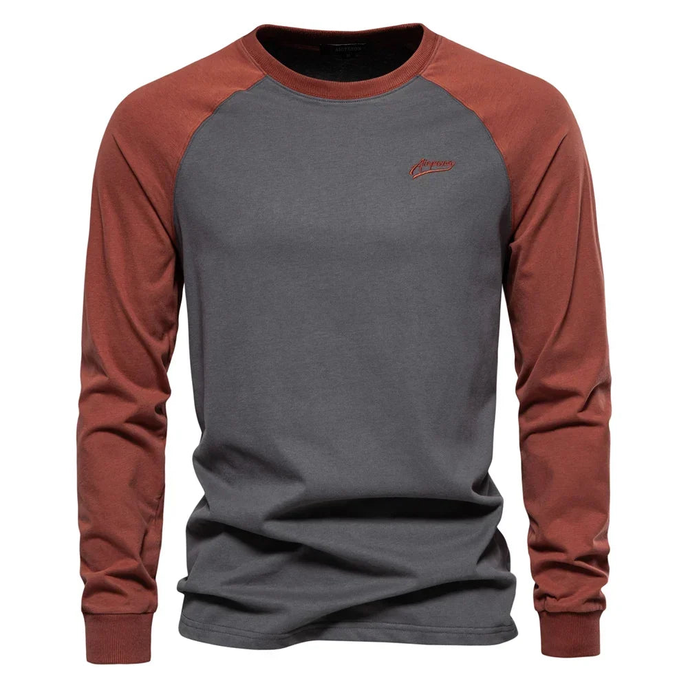 Gio Rota Men’s Long Sleeve Patchwork T-Shirt – Cotton O-Neck Casual Tee