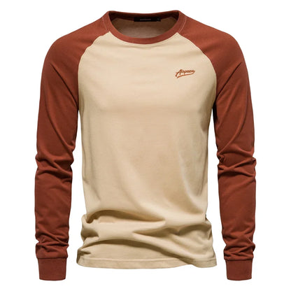 Gio Rota Men’s Long Sleeve Patchwork T-Shirt – Cotton O-Neck Casual Tee