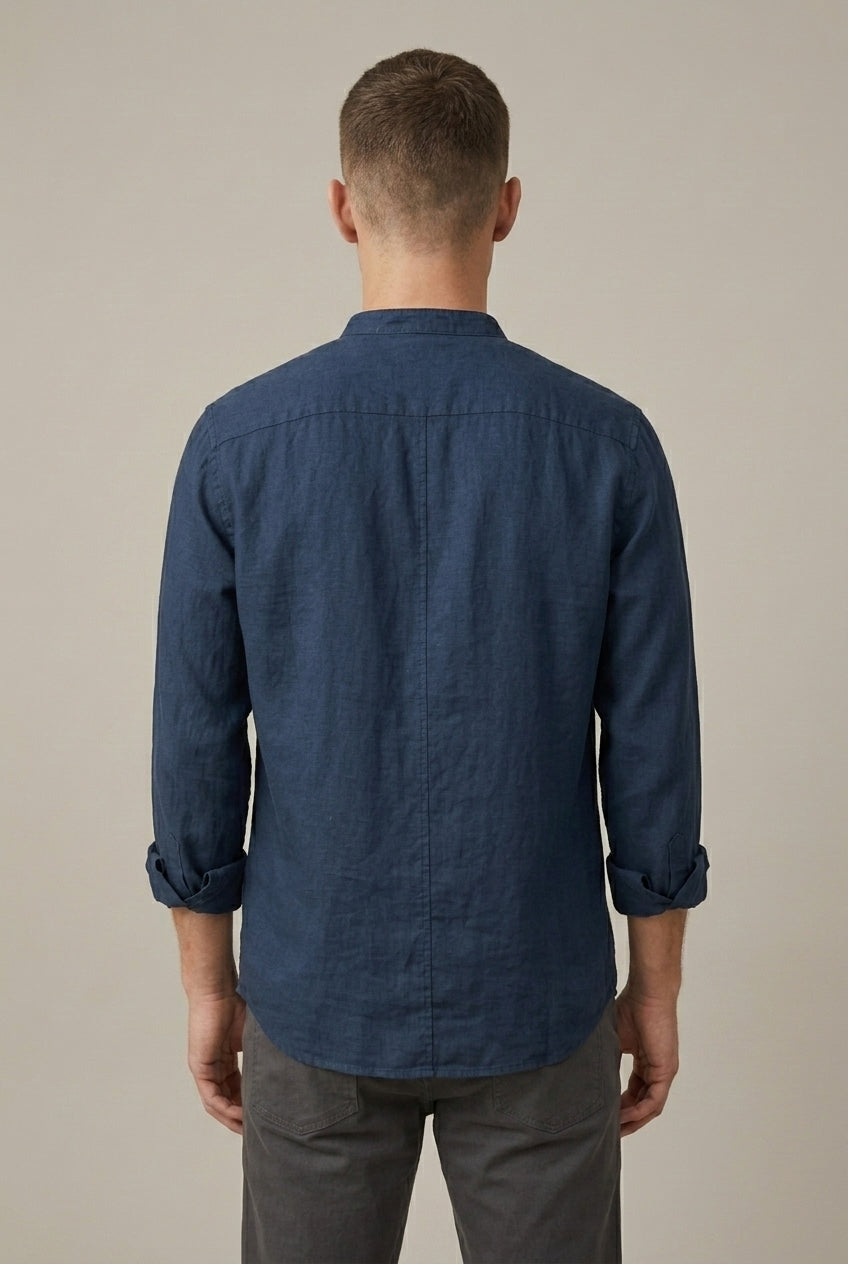 Men's Linen Blend Band Collar Long Sleeve Shirt