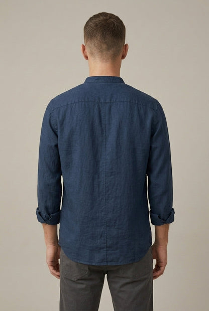 Men's Linen Blend Band Collar Long Sleeve Shirt