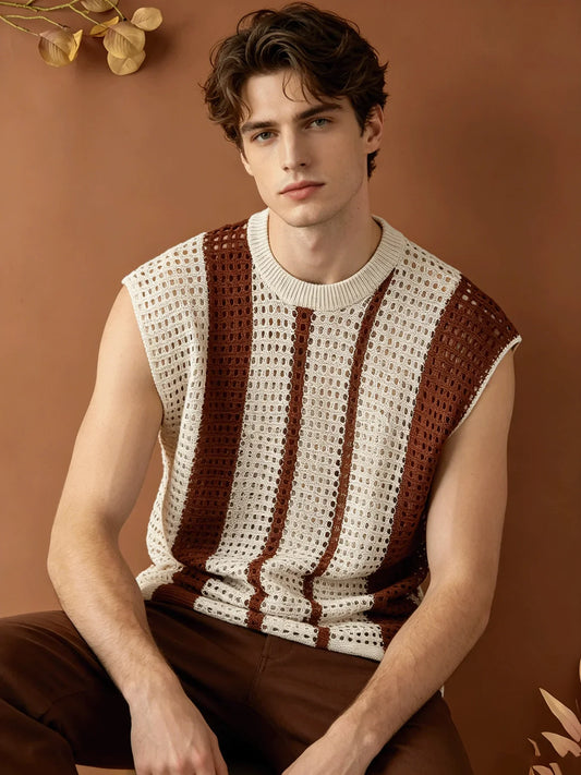 Men Hollow Out Striped Knit Vest Loose Fit