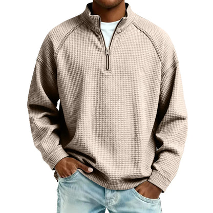 Men Waffle Knit Quarter Zip Pullover Loose Fit Casual Top