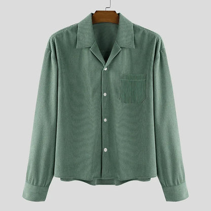 Men's Corduroy Cropped Long Sleeve Shirt Casual Loose Fit