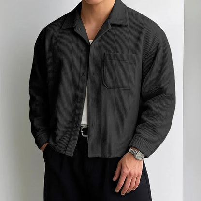 Men's Corduroy Cropped Long Sleeve Shirt Casual Loose Fit