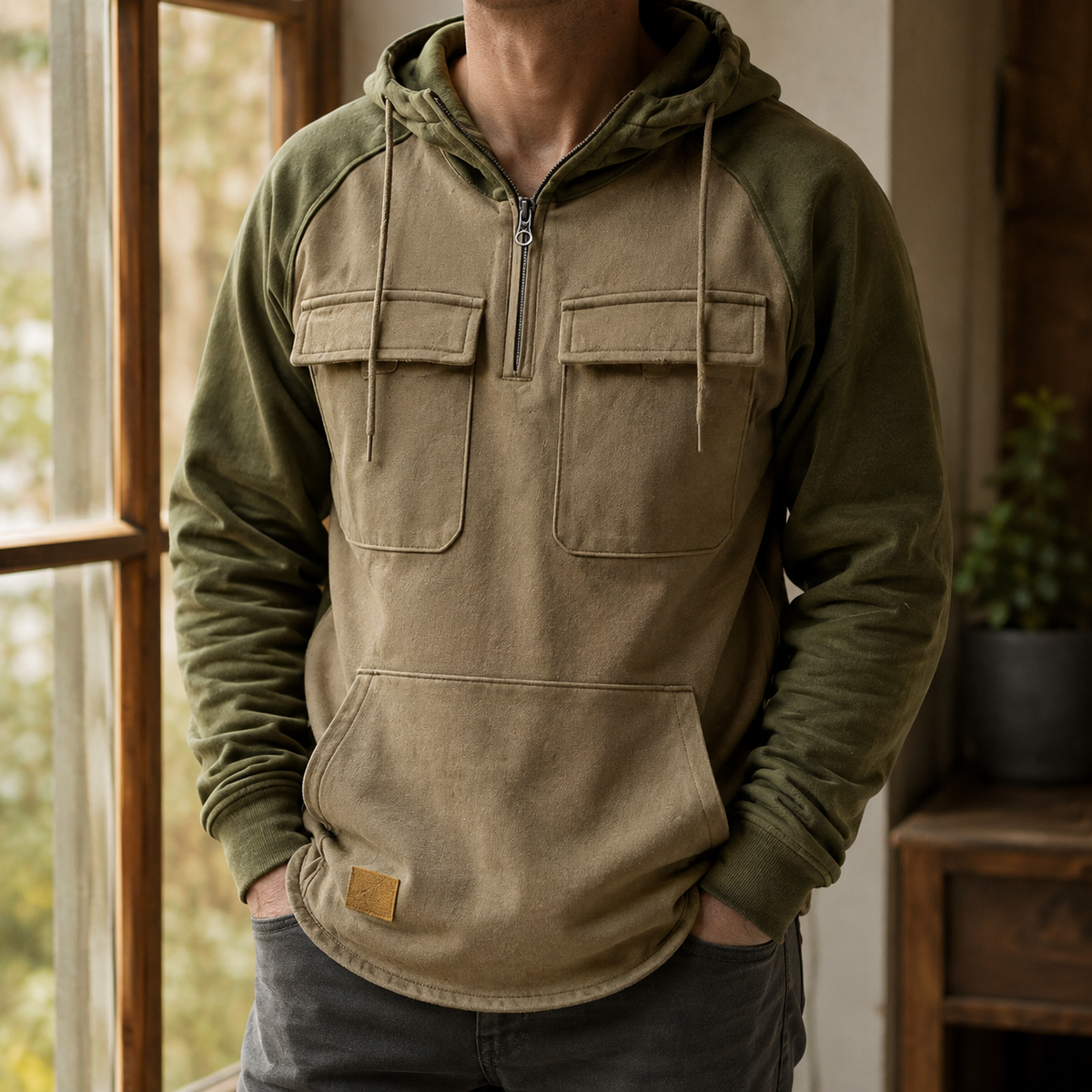 Gray Cotton Blend Utility Hoodie