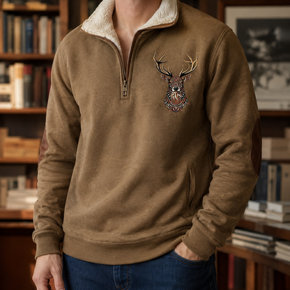 Quarter Zip Knit Sweater With Deer Motif
