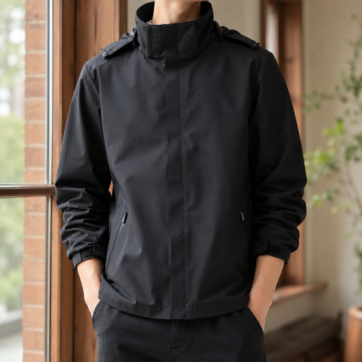 Hooded Woven Jacket With High Collar