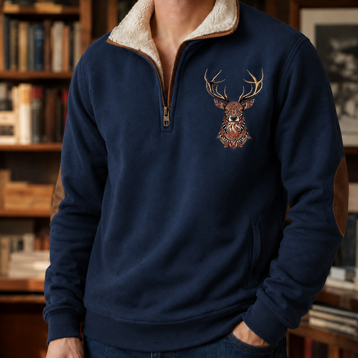 Quarter Zip Knit Sweater With Deer Motif