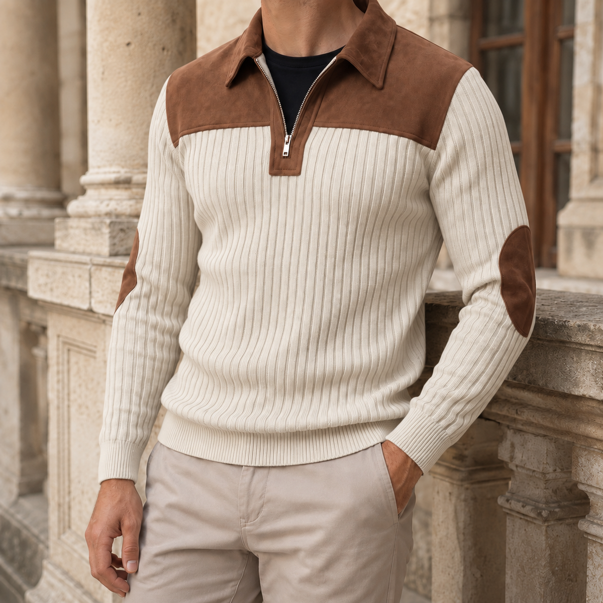 Quarter Zip Ribbed Knit Sweater
