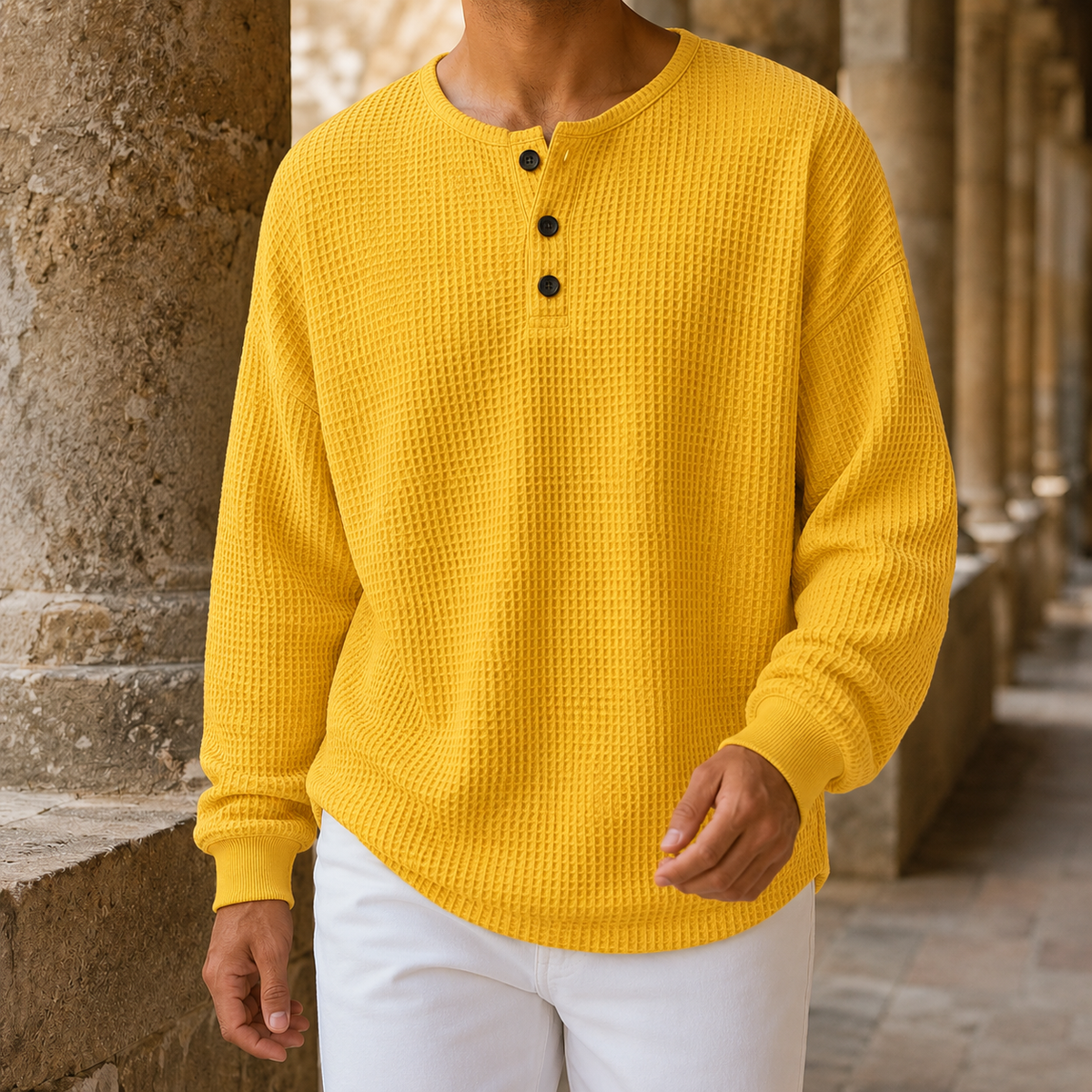 Waffle Knit Henley Sweater Relaxed Fit