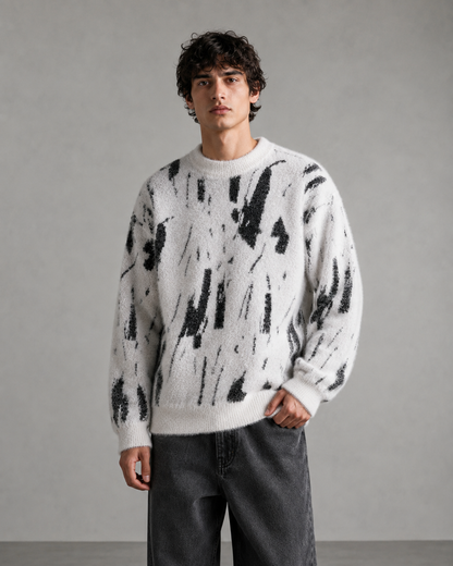 Men's Abstract Knit Sweater With Fuzzy Relaxed Fit